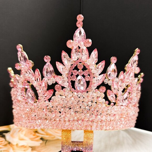 Quinceanera Crown, Bridal Pink Crown, Wedding Crown, Gold Crown, Princess Tiara - Picture 1 of 9